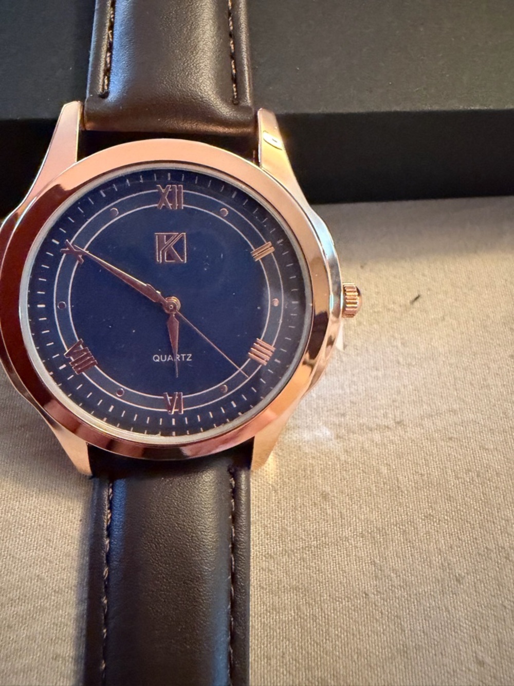 K-Men’s  NWT Rose Rose Gold Case Navy Dial Brown Leather Strap Watch - Picture 3 of 4